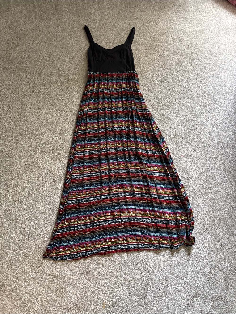 Maxi Sundress with stretch Black Bodice and Multicolor Striped Skirt - sized L